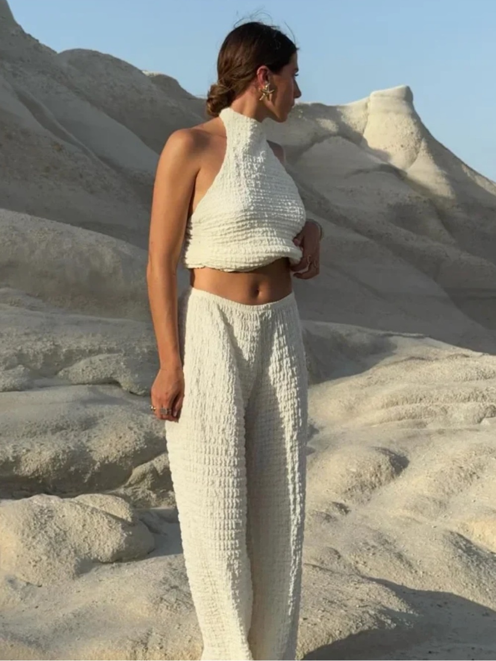 Zara Textured Halter Top with Wide-Leg Pants set